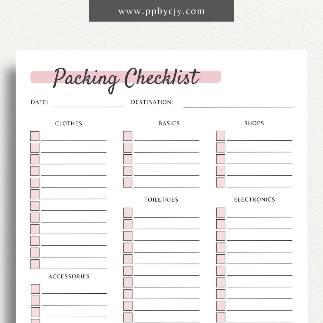 printable template page with columns and rows related to travel packing