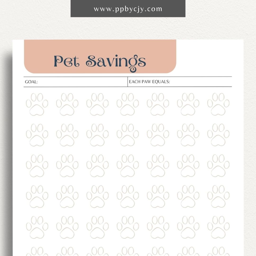 Pet Savings Visual Tracker Printable Template – Digital download for managing and visually tracking savings for pet-related expenses, including goals and contributions.