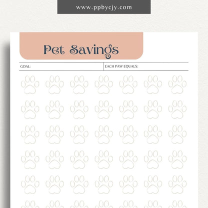 Pet Savings Visual Tracker Printable Template – Digital download for managing and visually tracking savings for pet-related expenses, including goals and contributions.