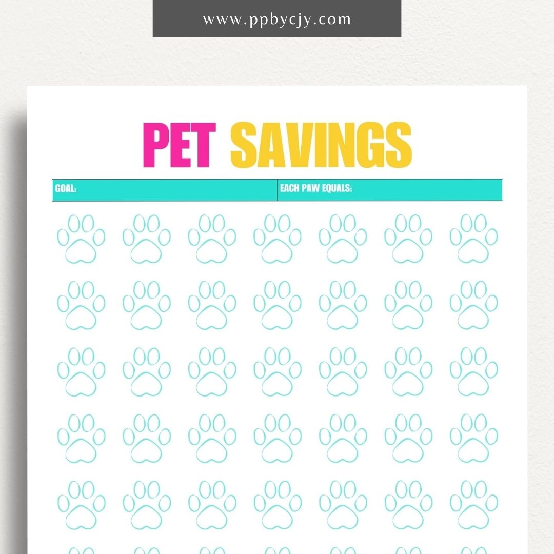 Pet Savings Visual Tracker Printable Template – Digital download for managing and visually tracking savings for pet-related expenses, including goals and contributions.