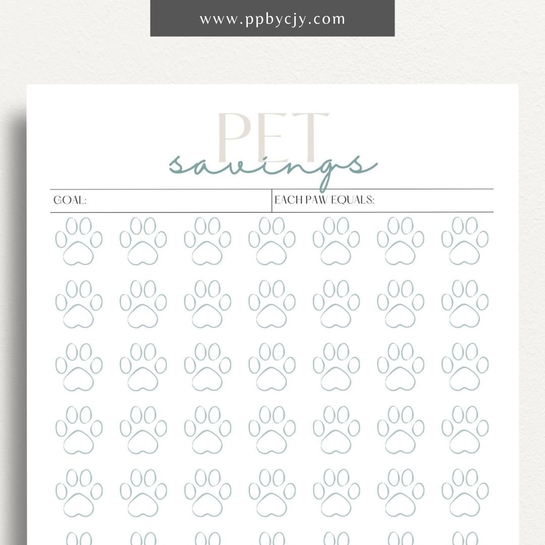 Pet Savings Visual Tracker Printable Template – Digital download for managing and visually tracking savings for pet-related expenses, including goals and contributions.