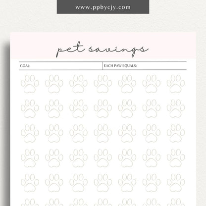 Pet Savings Visual Tracker Printable Template – Digital download for managing and visually tracking savings for pet-related expenses, including goals and contributions.