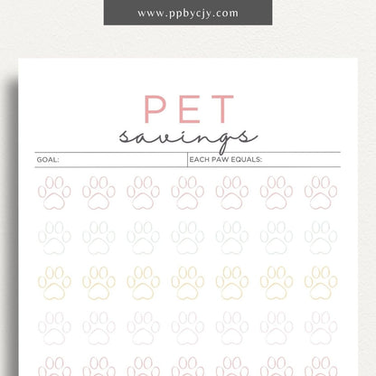 Pet Savings Visual Tracker Printable Template – Digital download for managing and visually tracking savings for pet-related expenses, including goals and contributions.