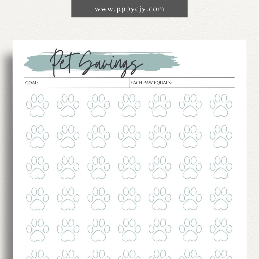 Pet Savings Visual Tracker Printable Template – Digital download for managing and visually tracking savings for pet-related expenses, including goals and contributions.