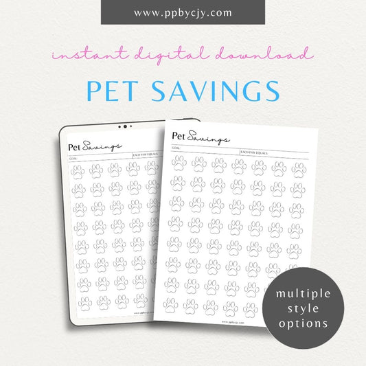 Pet Savings Visual Tracker Printable Template – Digital download for managing and visually tracking savings for pet-related expenses, including goals and contributions.