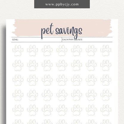 Pet Savings Visual Tracker Printable Template – Digital download for managing and visually tracking savings for pet-related expenses, including goals and contributions.