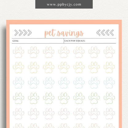 Pet Savings Visual Tracker Printable Template – Digital download for managing and visually tracking savings for pet-related expenses, including goals and contributions.