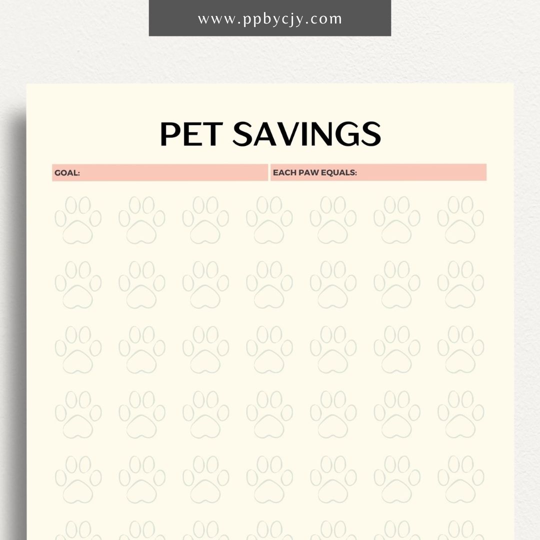 Pet Savings Visual Tracker Printable Template – Digital download for managing and visually tracking savings for pet-related expenses, including goals and contributions.