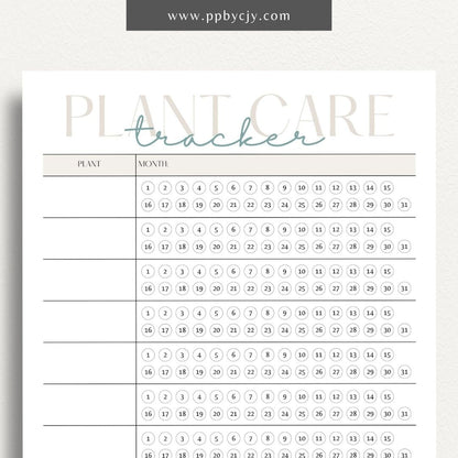 printable template page with columns and rows related to plant care tracking
