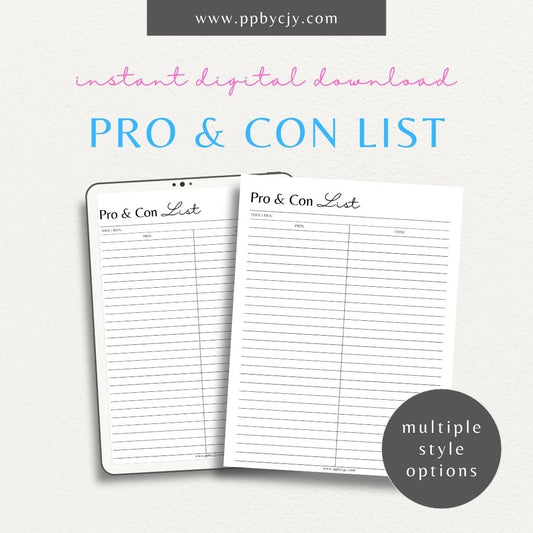 Pro Con List Printable Template – Digital Download for Evaluating Decisions by Listing Pros and Cons