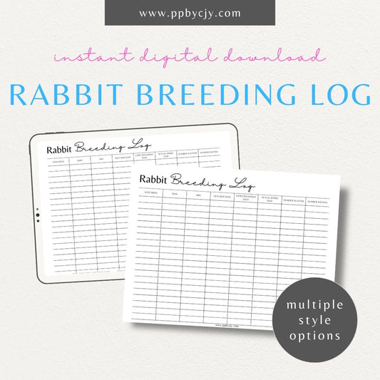 Rabbit Breeding Kindling Log Printable Template – Digital download for tracking and documenting rabbit breeding, kindling dates, and offspring details
