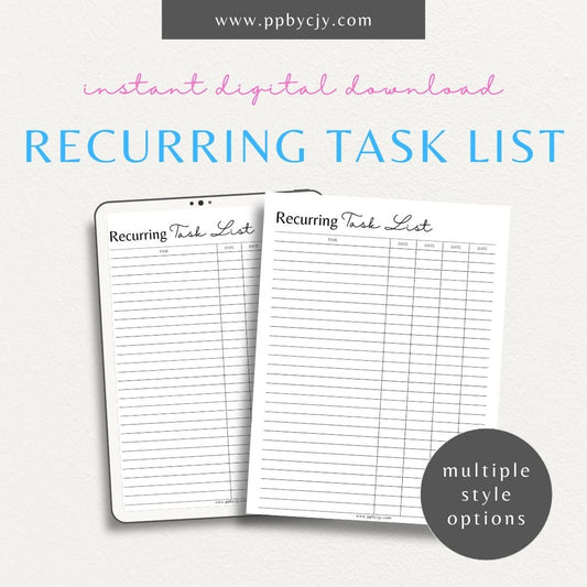 Recurring Task Printable Template – Digital download for tracking and managing tasks that need to be completed on a regular basis