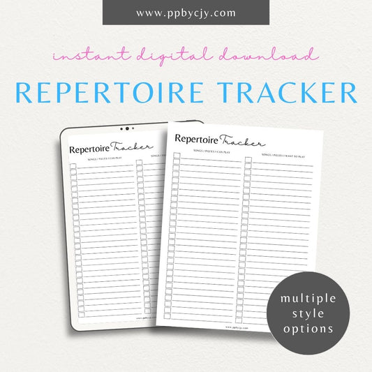 Repertoire Music Routine Printable Template – Digital download for organizing and managing your music practice schedule and repertoire