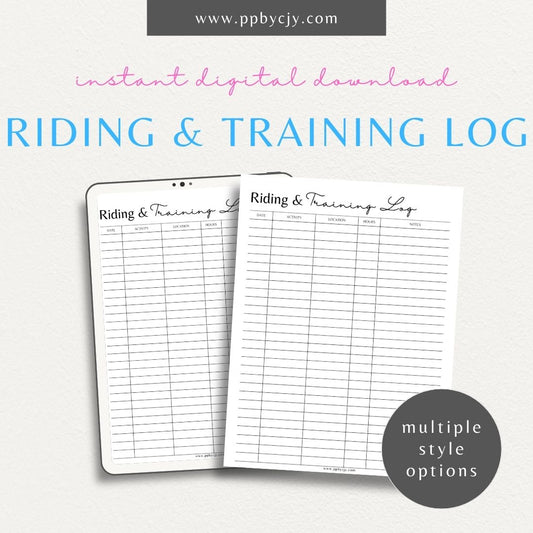 Equine Horse Training Log Printable Template – Digital Download for Recording Training Sessions with sections for dates, activities, progress, and notes on performance and goals.