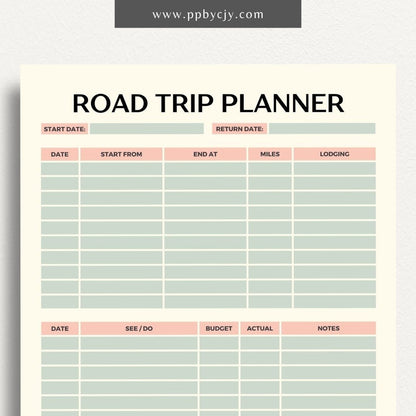 printable template page with columns and rows related to road trip planning