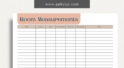 Room Measurements Printable Template – Digital download for recording and organizing dimensions and layout details of individual rooms