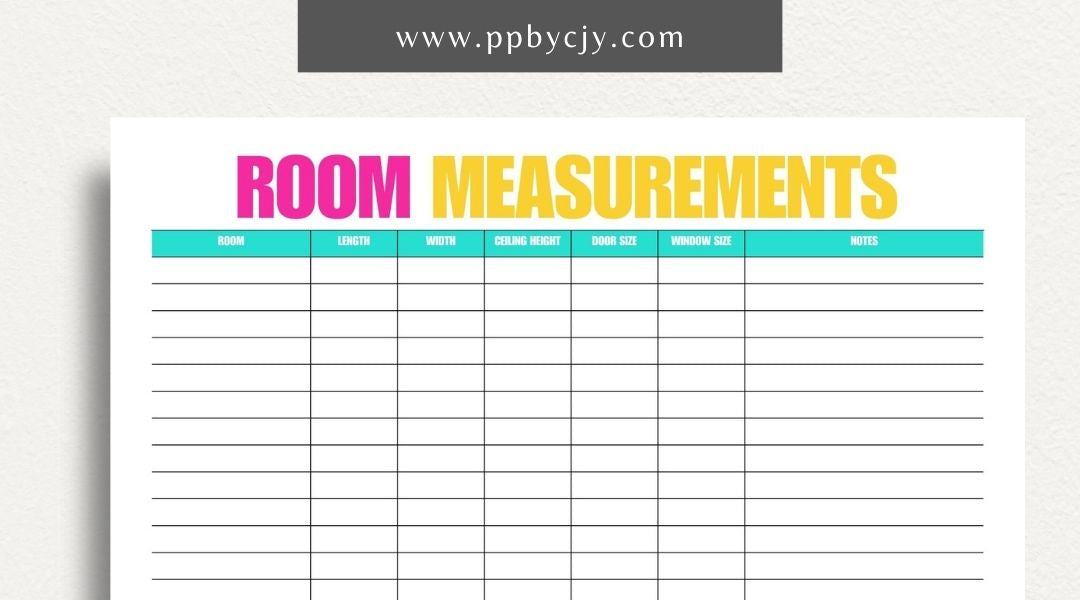 Room Measurements Printable Template – Digital download for recording and organizing dimensions and layout details of individual rooms