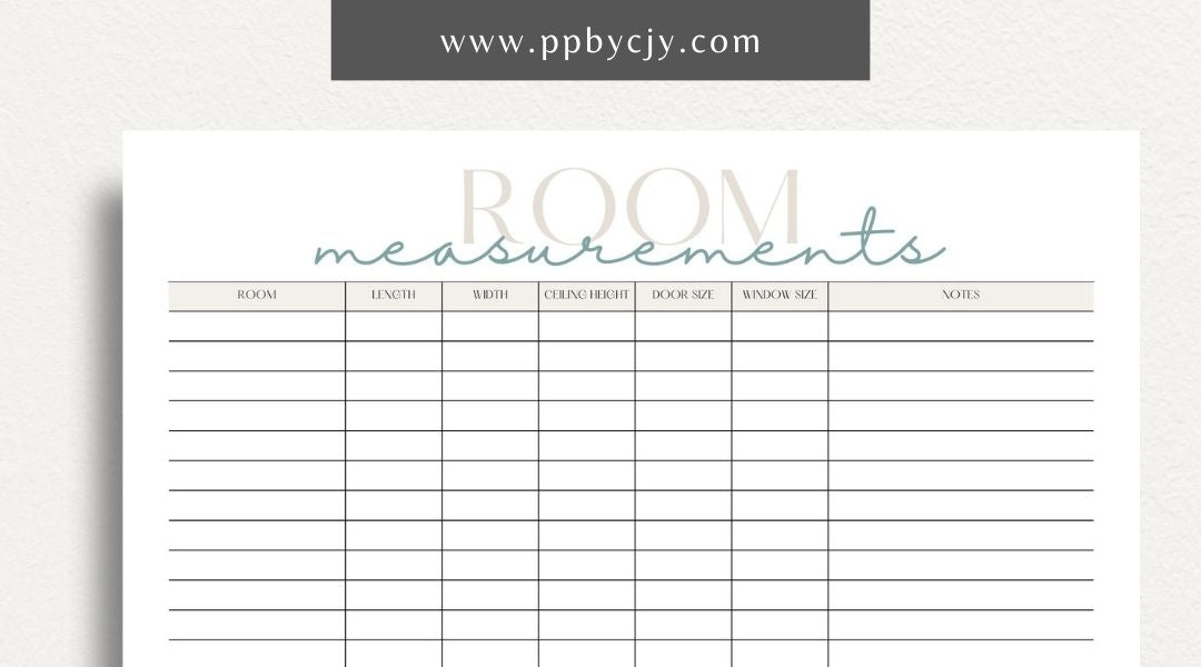 Room Measurements Printable Template – Digital download for recording and organizing dimensions and layout details of individual rooms