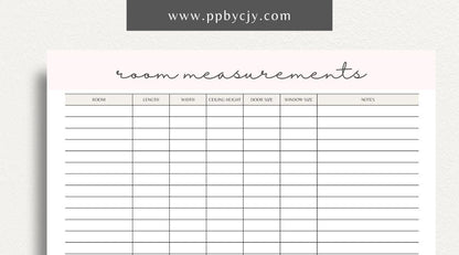 Room Measurements Printable Template – Digital download for recording and organizing dimensions and layout details of individual rooms