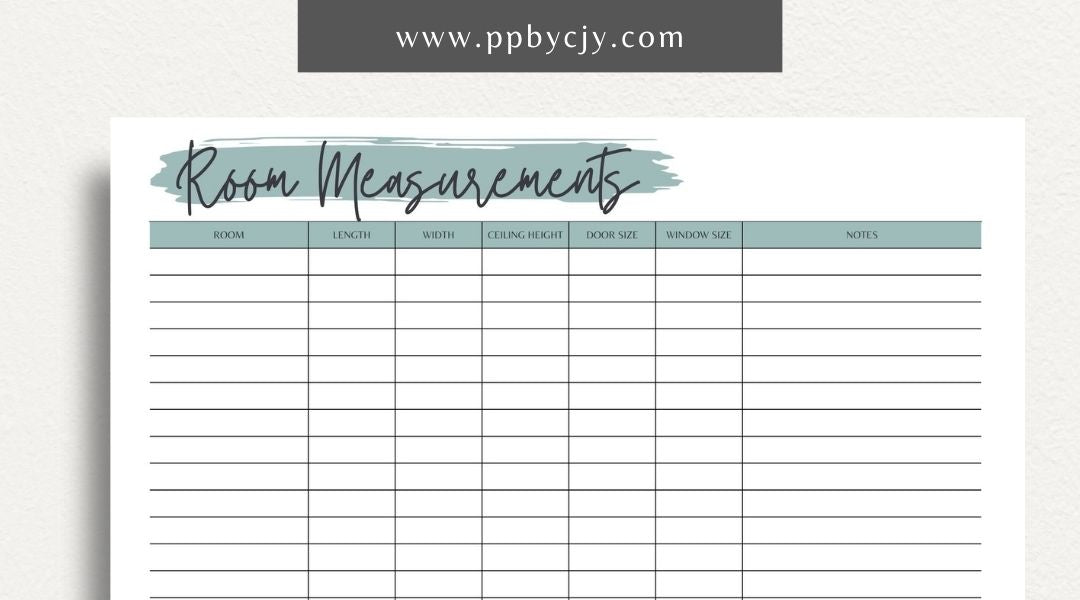 Room Measurements Printable Template – Digital download for recording and organizing dimensions and layout details of individual rooms