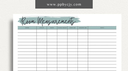 Room Measurements Printable Template – Digital download for recording and organizing dimensions and layout details of individual rooms