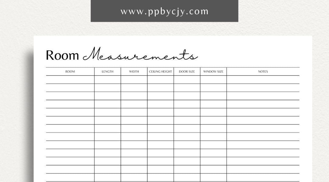 Room Measurements Printable Template – Digital download for recording and organizing dimensions and layout details of individual rooms