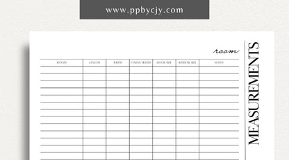 Room Measurements Printable Template – Digital download for recording and organizing dimensions and layout details of individual rooms