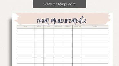 Room Measurements Printable Template – Digital download for recording and organizing dimensions and layout details of individual rooms