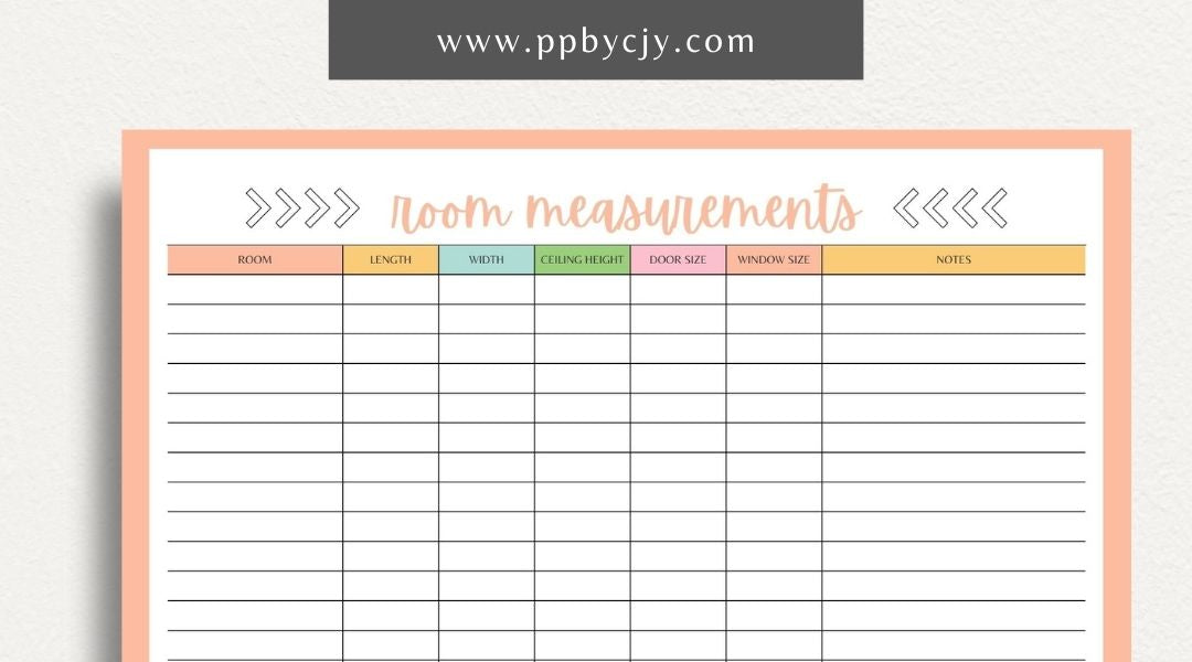 Room Measurements Printable Template – Digital download for recording and organizing dimensions and layout details of individual rooms