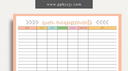 Room Measurements Printable Template – Digital download for recording and organizing dimensions and layout details of individual rooms