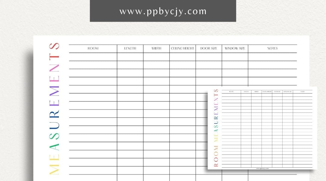 Room Measurements Printable Template – Digital download for recording and organizing dimensions and layout details of individual rooms