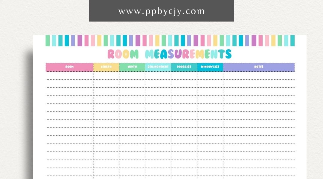 Room Measurements Printable Template – Digital download for recording and organizing dimensions and layout details of individual rooms