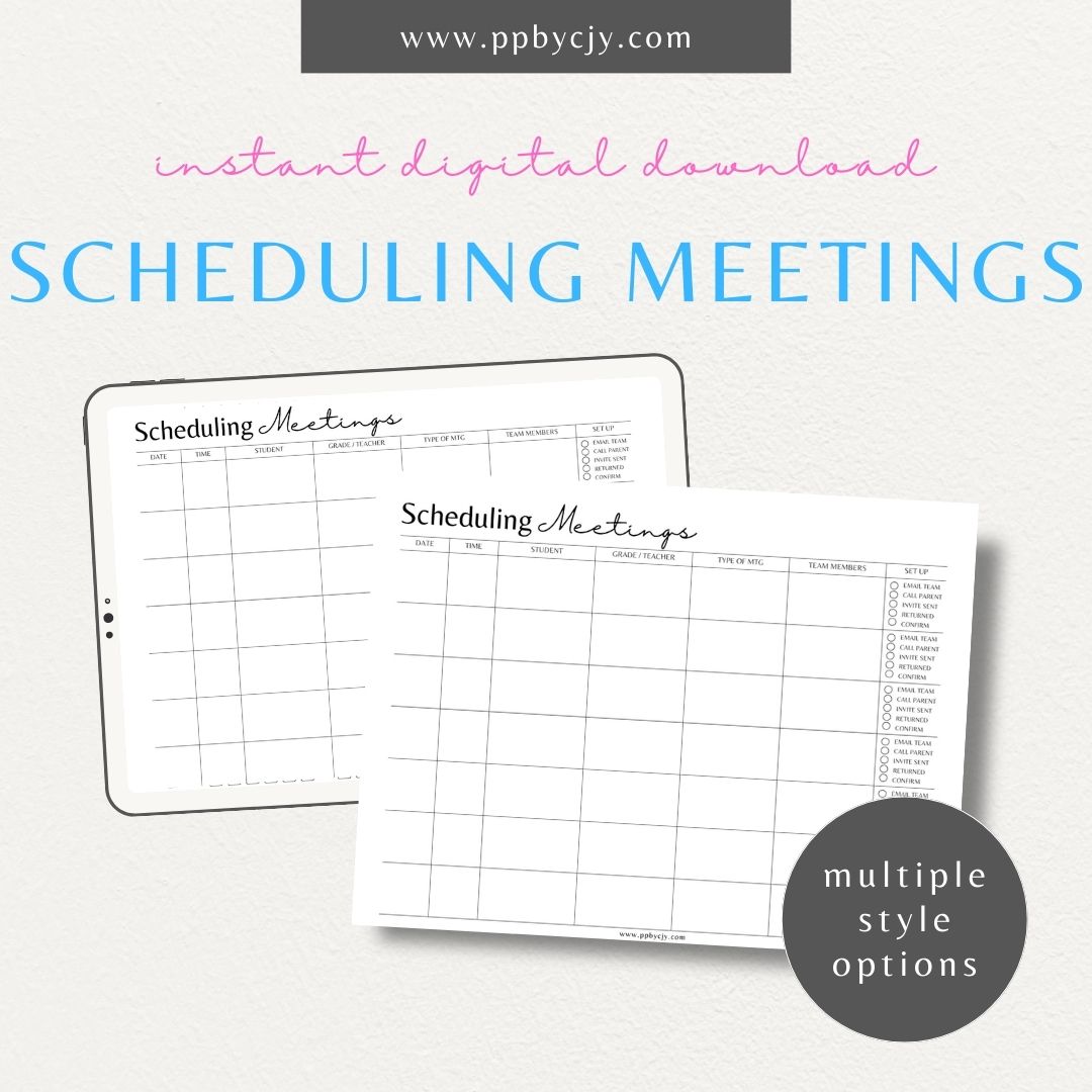 Schedule Meetings Printable Template – Digital download for organizing and planning meeting dates, times, and agendas