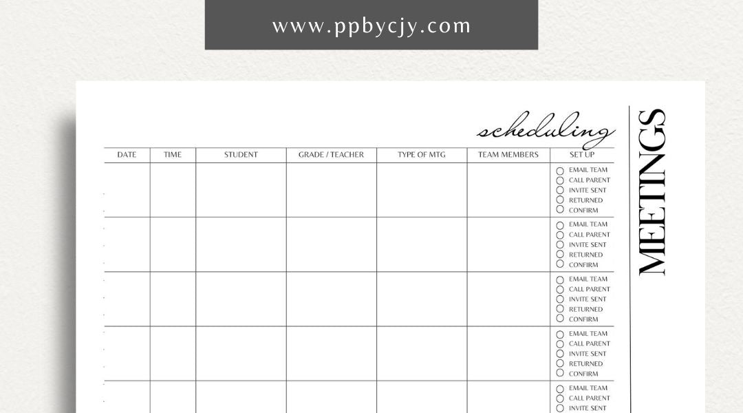 Schedule Meetings Printable Template – Digital download for organizing and planning meeting dates, times, and agendas