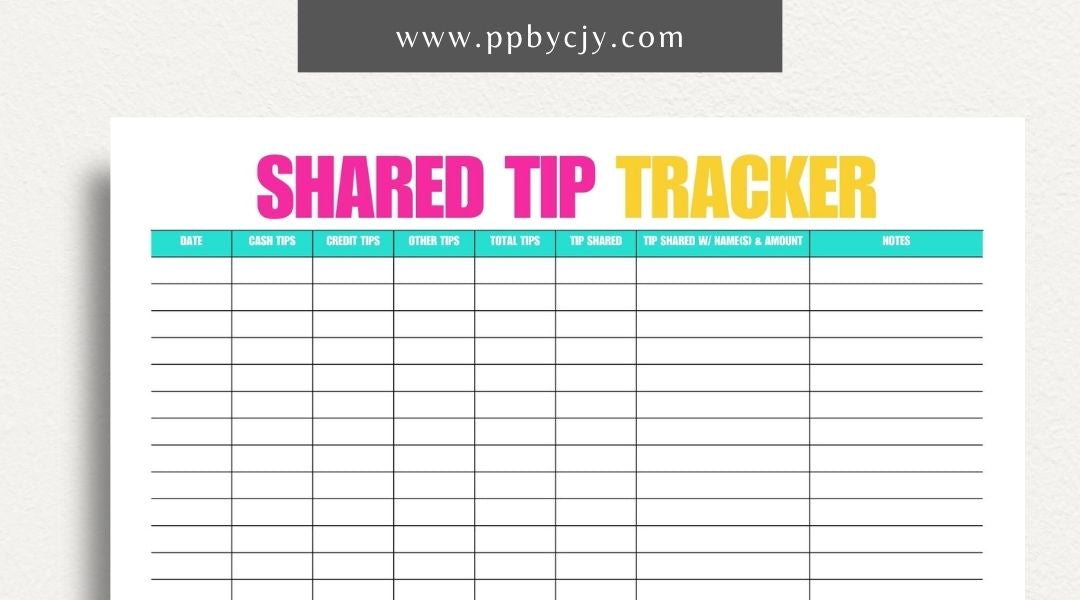 Shared Tip Tracker Printable Template – Digital download for recording and managing shared tips or contributions among a group or team