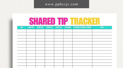 Shared Tip Tracker Printable Template – Digital download for recording and managing shared tips or contributions among a group or team