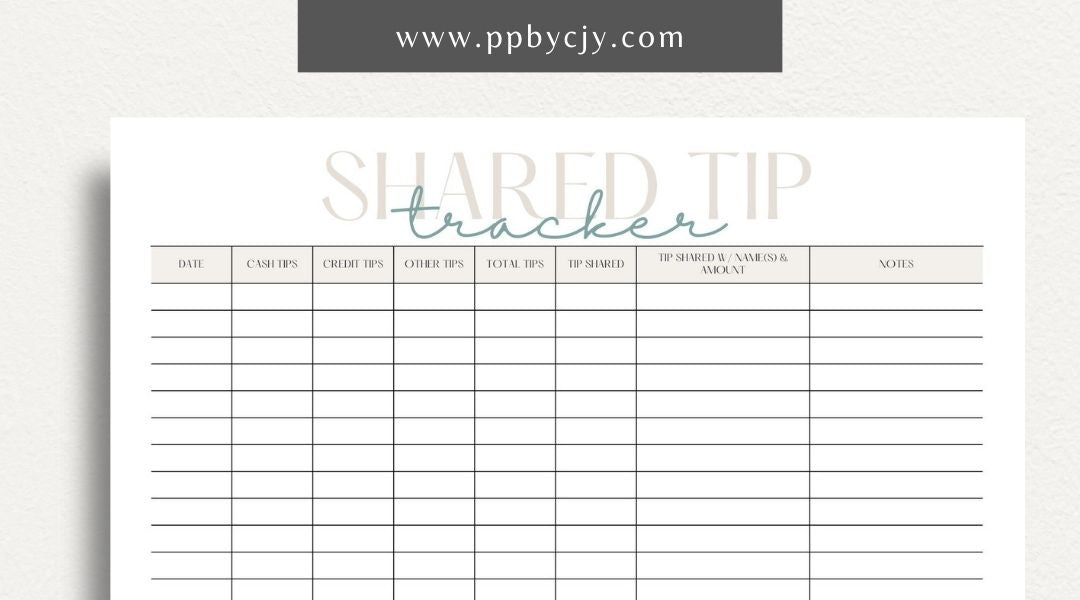 Shared Tip Tracker Printable Template – Digital download for recording and managing shared tips or contributions among a group or team