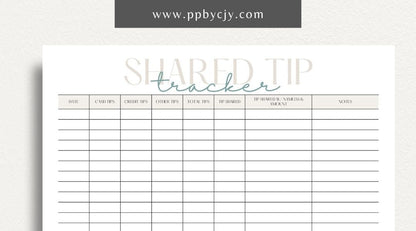 Shared Tip Tracker Printable Template – Digital download for recording and managing shared tips or contributions among a group or team