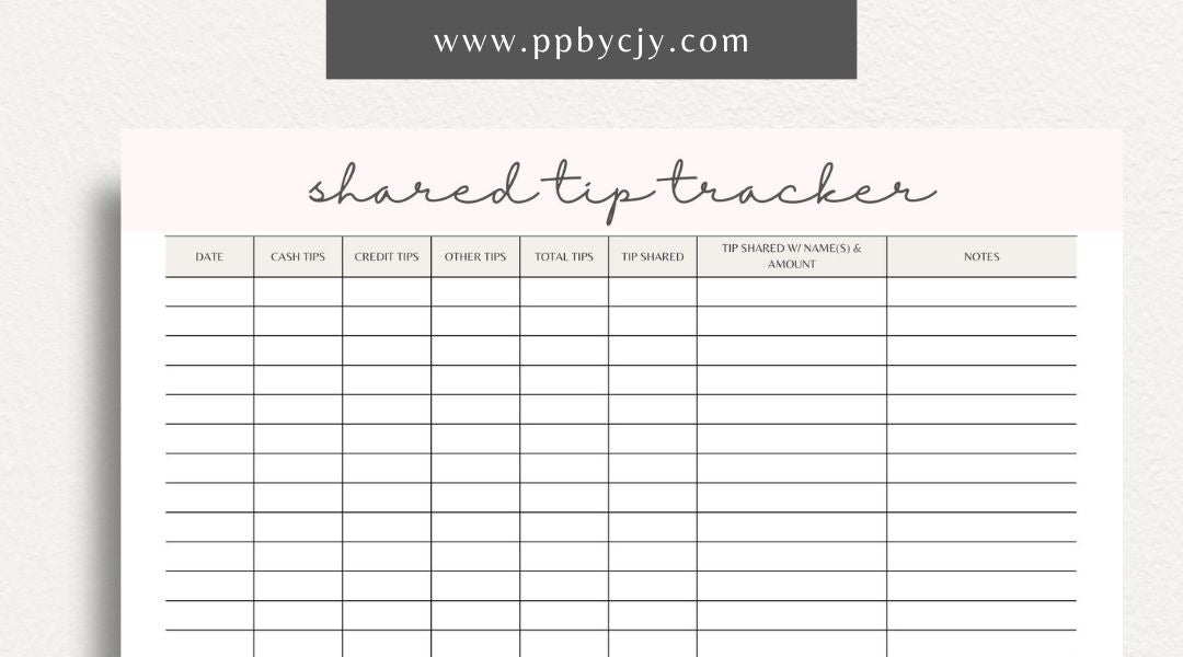 Shared Tip Tracker Printable Template – Digital download for recording and managing shared tips or contributions among a group or team