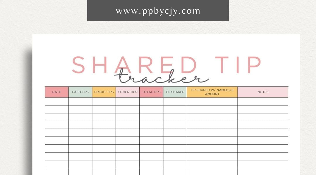 Shared Tip Tracker Printable Template – Digital download for recording and managing shared tips or contributions among a group or team