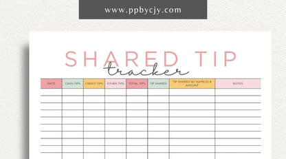 Shared Tip Tracker Printable Template – Digital download for recording and managing shared tips or contributions among a group or team