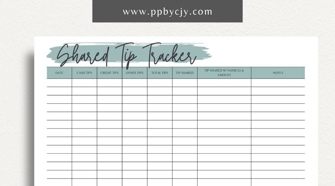 Shared Tip Tracker Printable Template – Digital download for recording and managing shared tips or contributions among a group or team