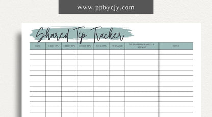 Shared Tip Tracker Printable Template – Digital download for recording and managing shared tips or contributions among a group or team