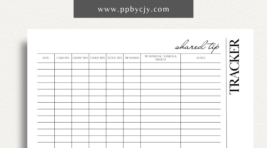 Shared Tip Tracker Printable Template – Digital download for recording and managing shared tips or contributions among a group or team