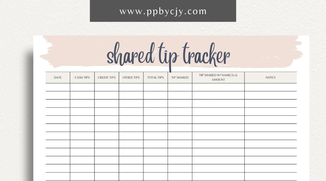Shared Tip Tracker Printable Template – Digital download for recording and managing shared tips or contributions among a group or team