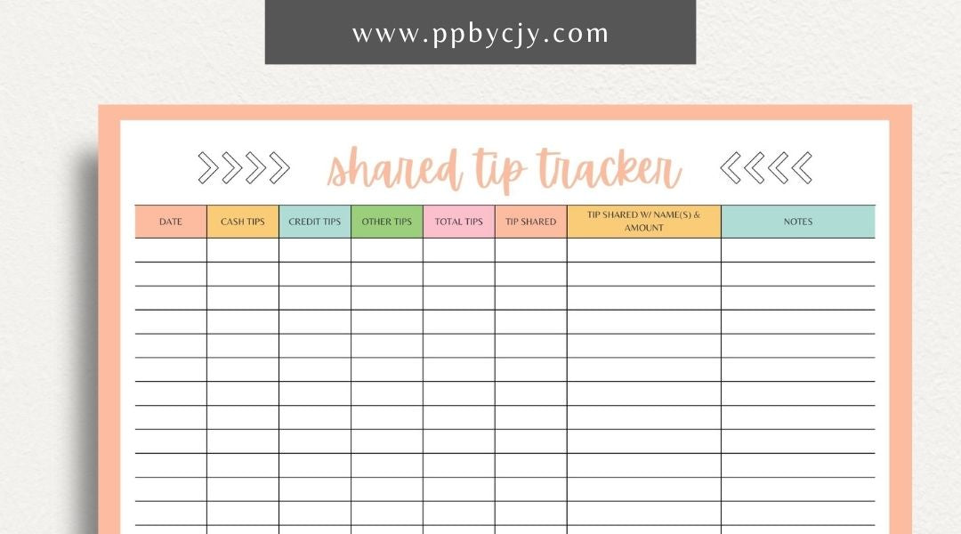 Shared Tip Tracker Printable Template – Digital download for recording and managing shared tips or contributions among a group or team