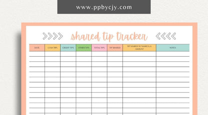 Shared Tip Tracker Printable Template – Digital download for recording and managing shared tips or contributions among a group or team
