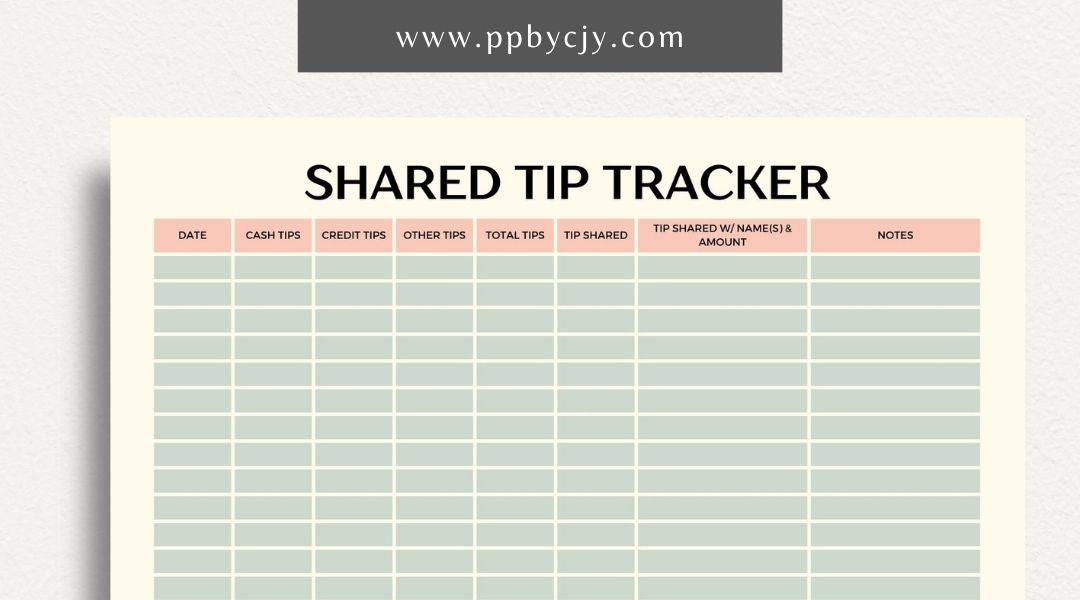 Shared Tip Tracker Printable Template – Digital download for recording and managing shared tips or contributions among a group or team