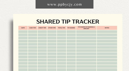 Shared Tip Tracker Printable Template – Digital download for recording and managing shared tips or contributions among a group or team