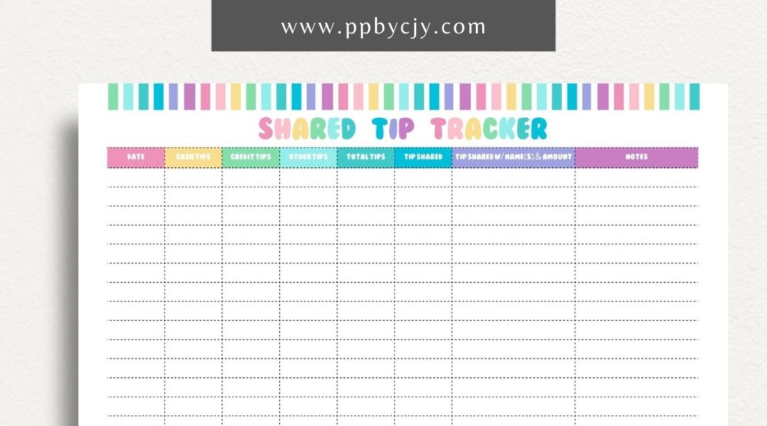 Shared Tip Tracker Printable Template – Digital download for recording and managing shared tips or contributions among a group or team